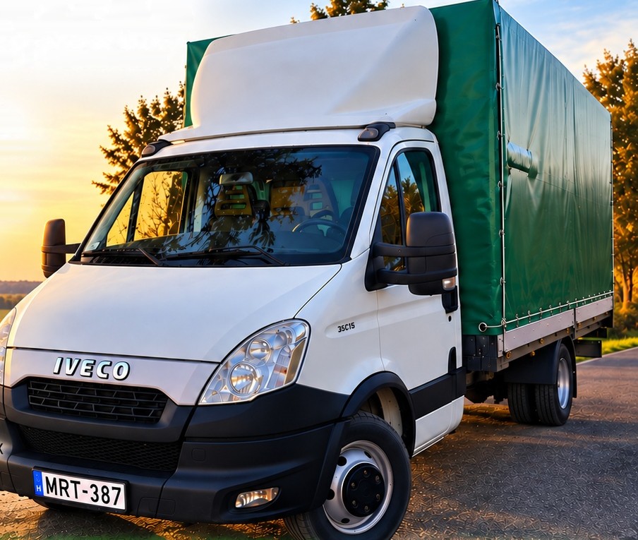 Hir Zsolt fehér Iveco Daily teherautója zöld ponyvás platóval